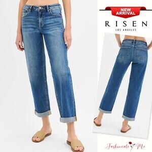 RISEN Mid Rise Waist Roll Up Zipper Fly Dark Washed Boyfriend Leg Denim Jeans